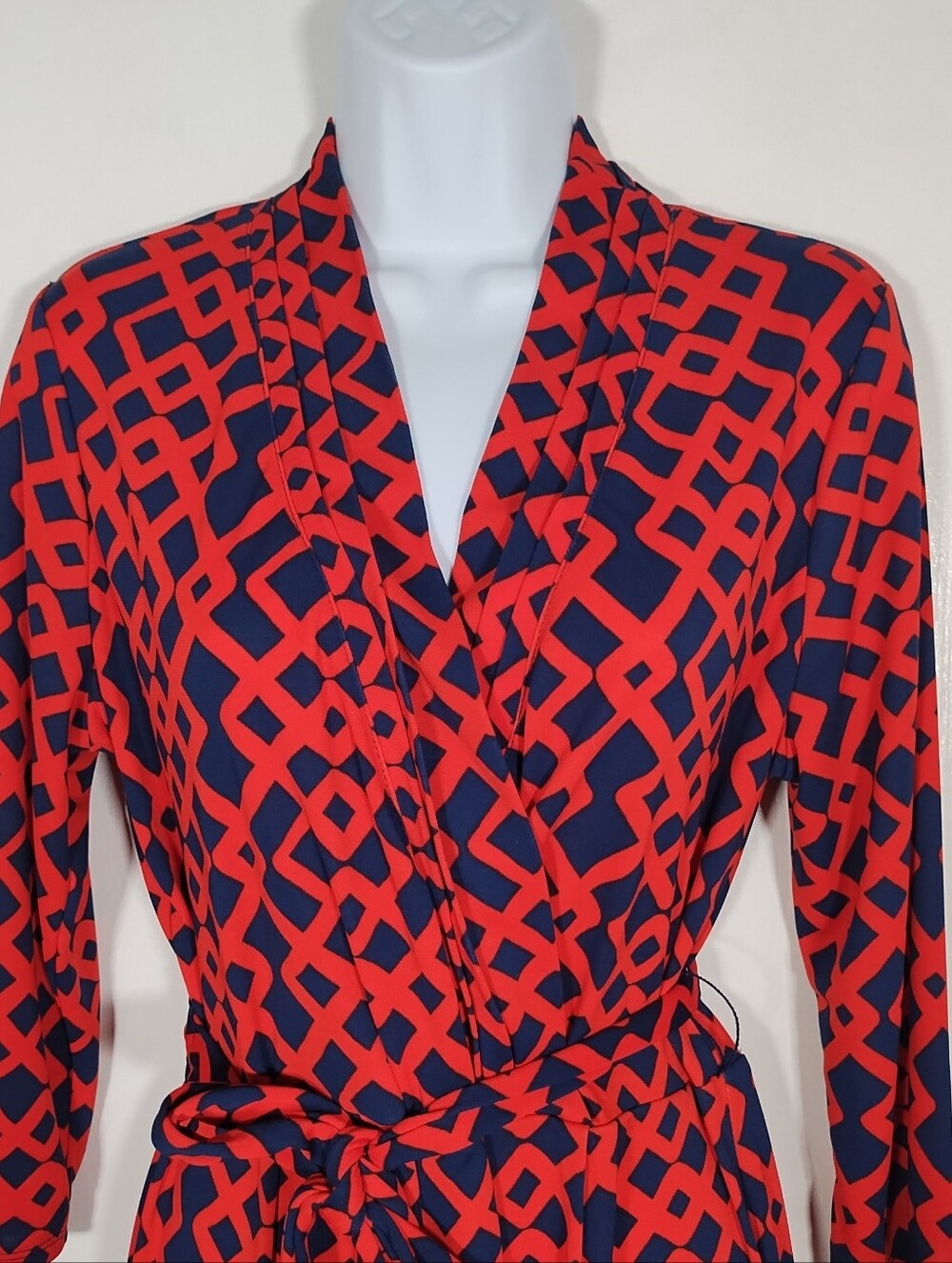 Liz Claiborne Dress Women's L Coral Blue Geometric Print Belted Faux Wrap - Picture 3 of 12